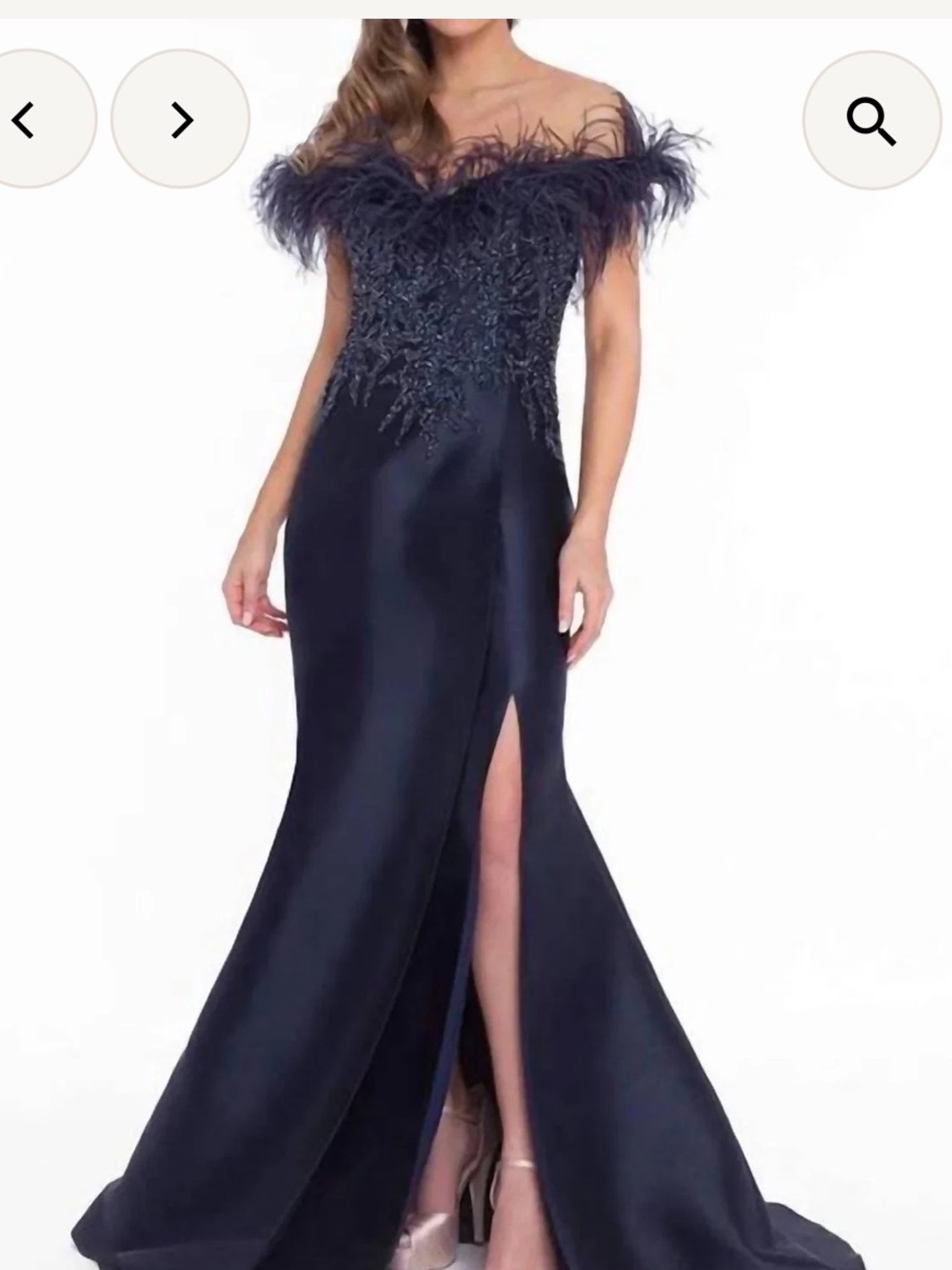 Terani Couture Off-Shoulder Navy Blue w/Feather Trim Gown. Sz 12 NWT, never worn